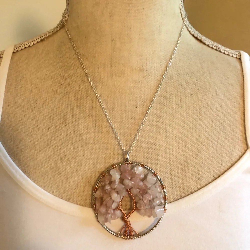 Hand crafted copper wired pink quartz tree of life